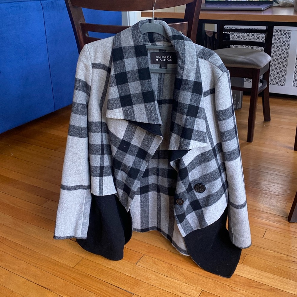 Badgley Mischka black and grey plaid coat